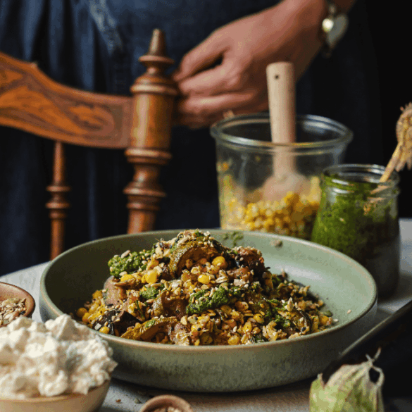 Sensommarbowl med whipped feta och zhoug